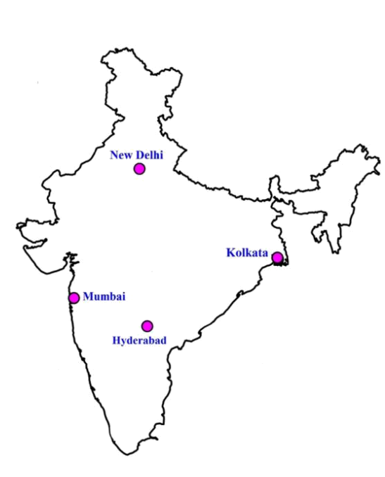 Map of India marking AAHARN locations: New Delhi, Mumbai, Kolkata and Hyderabad